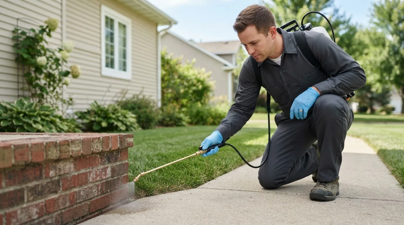 Pest control technician treating a home near Lovington, IL