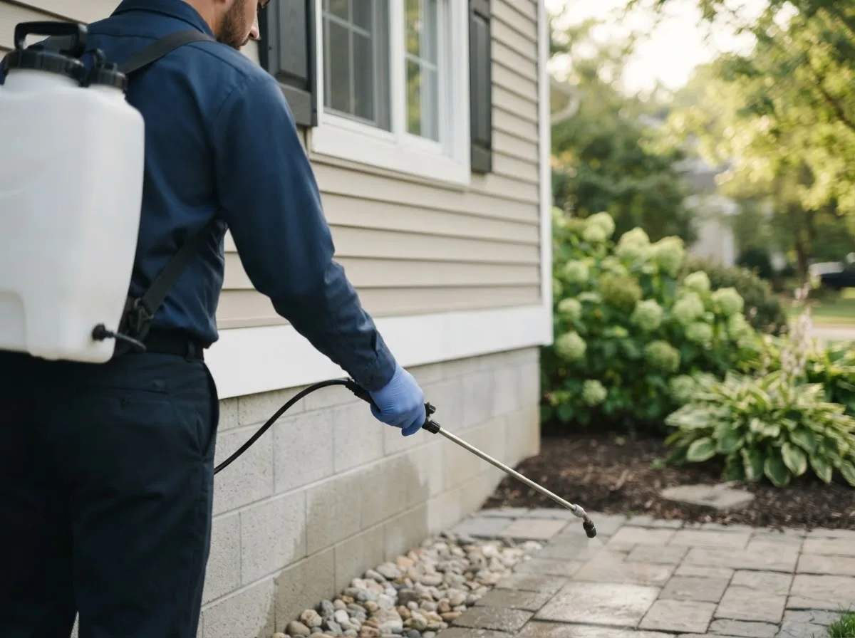 Pest control technician inspecting a home in Lovington, IL